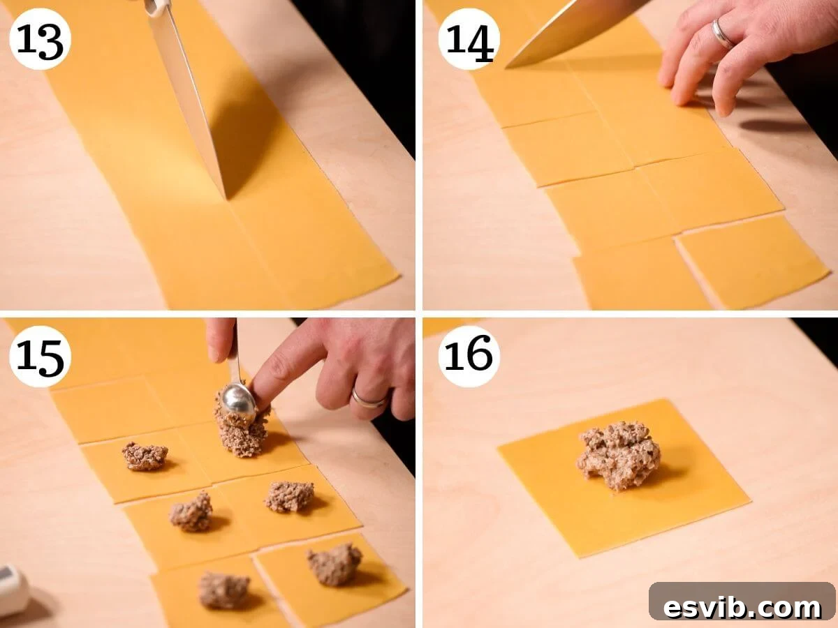 A four-photo collage detailing the process of filling and preparing Triangoli pasta, showing dough squares, dollops of filling, and the first folds.