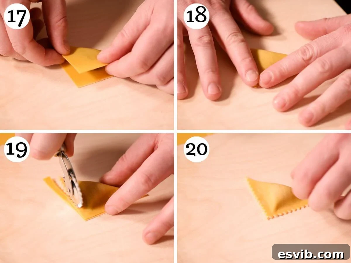 A four-photo collage demonstrating the precise steps to shape and securely seal Triangoli pasta, ensuring the filling remains perfectly encased.