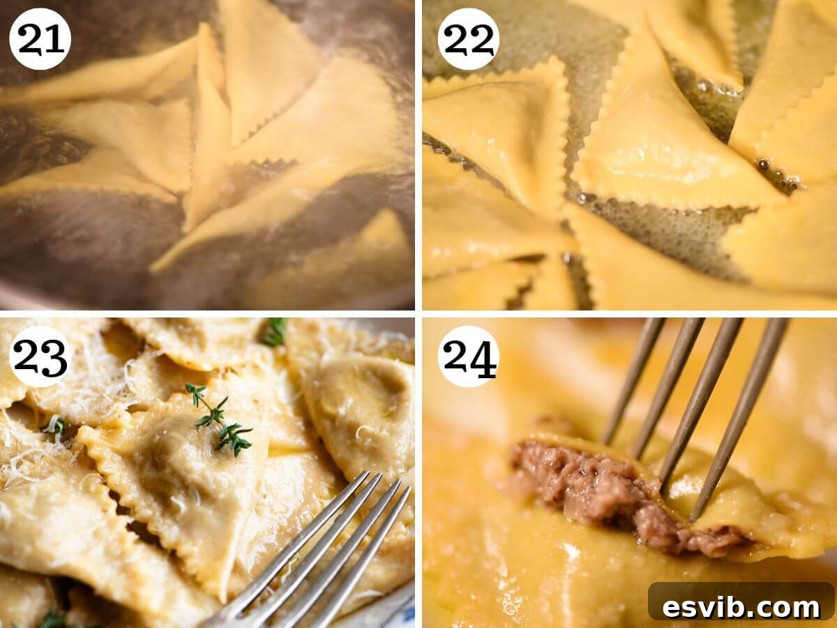 A four-photo collage showing the process of boiling fresh Triangoli pasta and preparing its simple, elegant butter sauce.