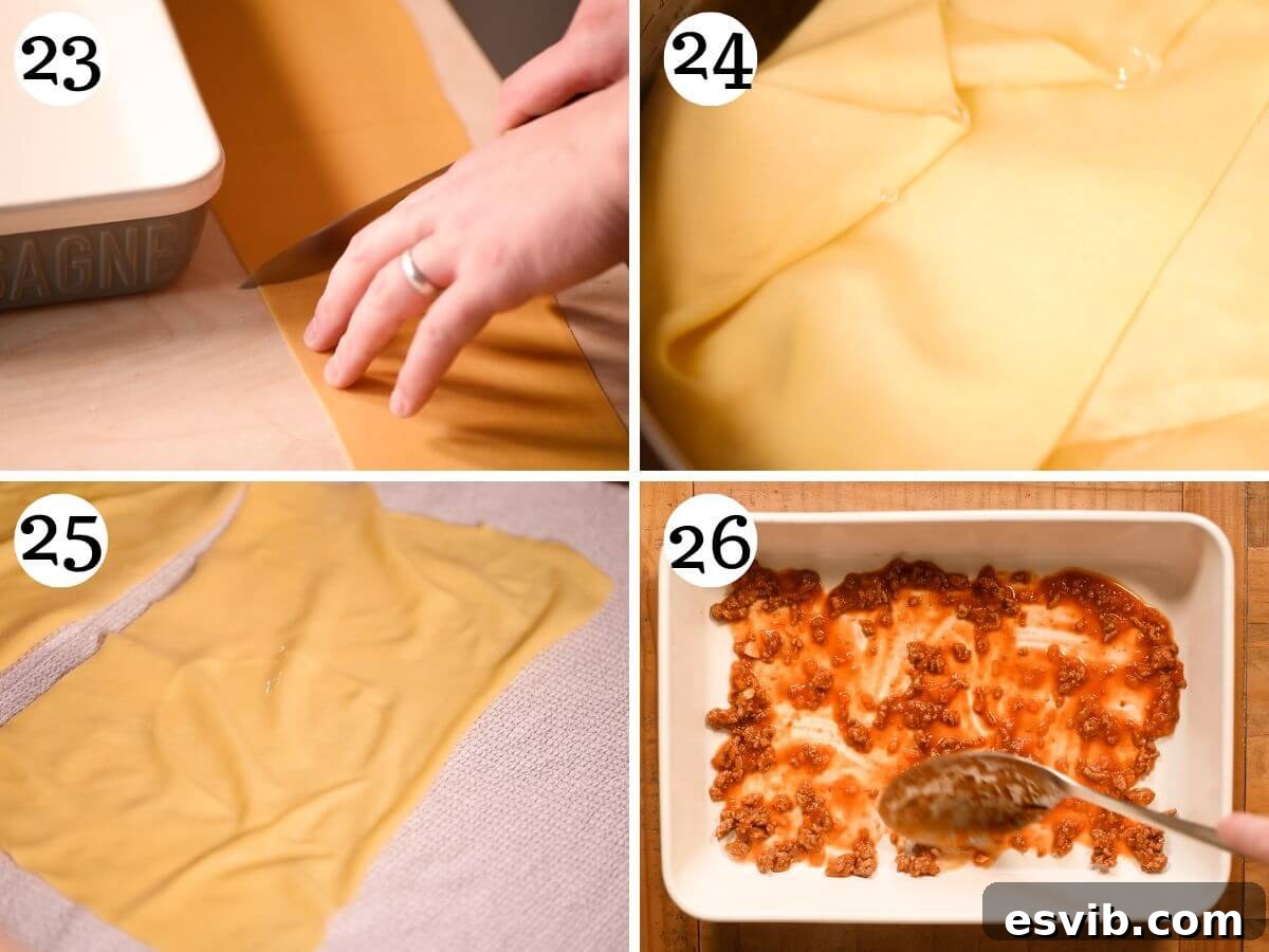 Lamb Ragù Lasagna with Pecorino Bechamel 11 A four-photo collage depicting the process of blanching fresh pasta sheets in boiling water and then laying them out to dry slightly on a clean kitchen towel.