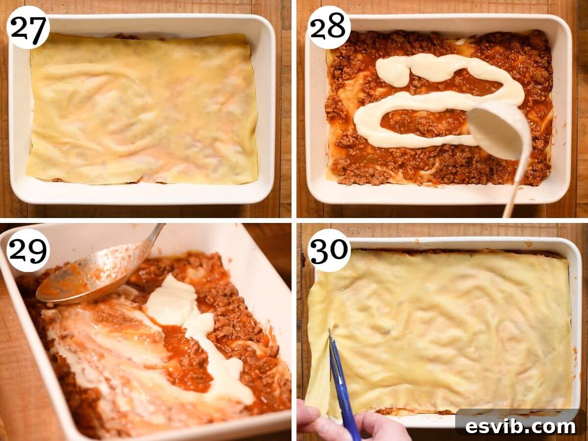Lamb Ragù Lasagna with Pecorino Bechamel 12 A four-photo collage illustrating the initial steps of layering a lamb lasagna, starting with a ragu base and the first sheet of pasta.
