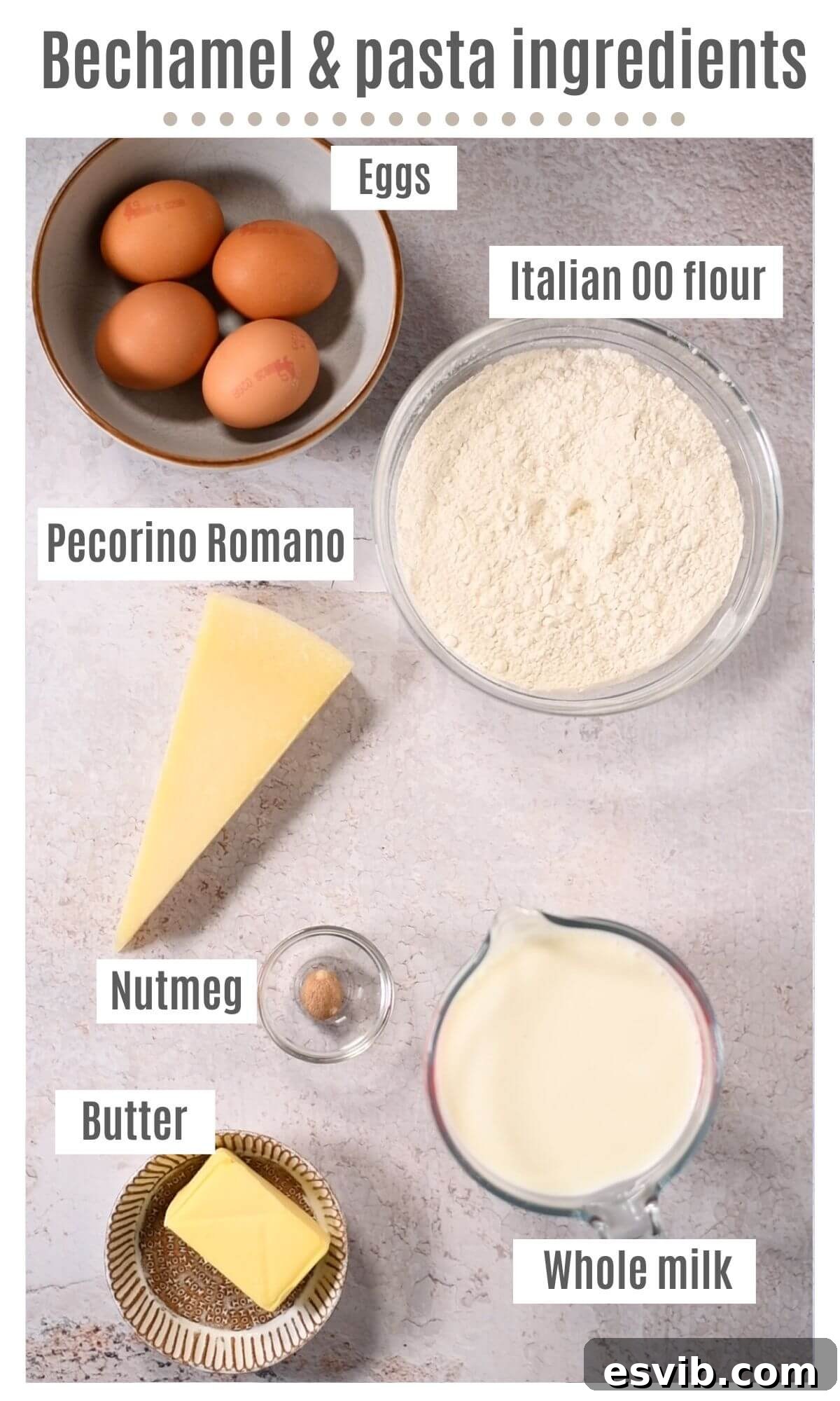 Lamb Ragù Lasagna with Pecorino Bechamel 4 An overhead shot of all the key ingredients needed for making creamy bechamel sauce and fresh homemade pasta dough, laid out on a clean surface.