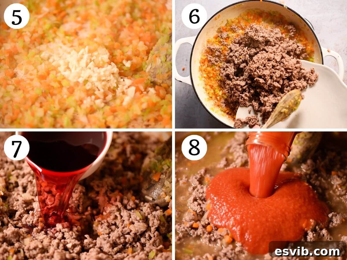 Lamb Ragù Lasagna with Pecorino Bechamel 6 A four-photo collage demonstrating further steps in preparing the lamb ragu: adding garlic, combining lamb with vegetables, and deglazing with red wine.
