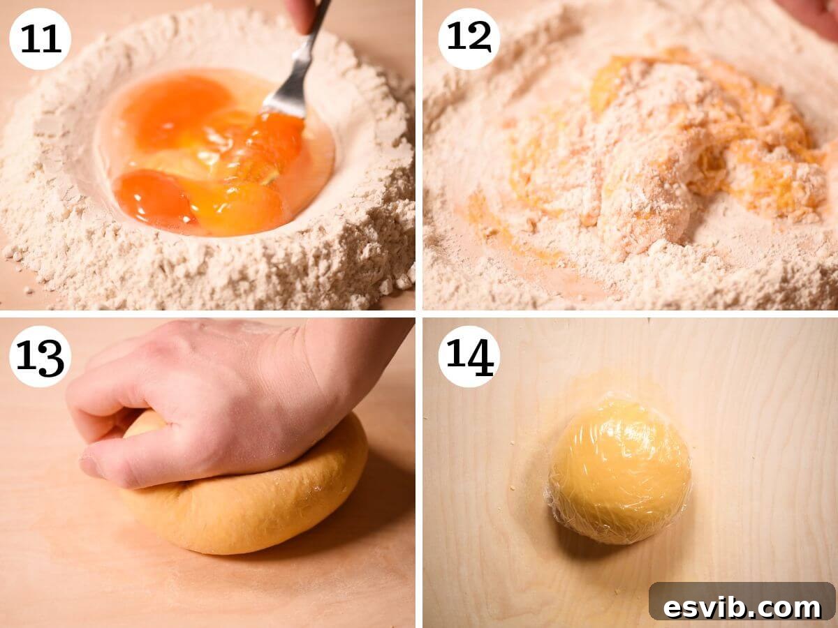 Lamb Ragù Lasagna with Pecorino Bechamel 8 A four-photo collage demonstrating the steps to make homemade egg pasta dough for lasagna, from forming a well in flour to kneading the dough.