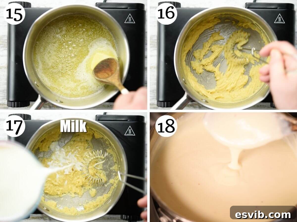 Lamb Ragù Lasagna with Pecorino Bechamel 9 A four-photo collage illustrating the step-by-step process of making bechamel sauce from scratch, showing the creation of the roux and the gradual addition of milk.