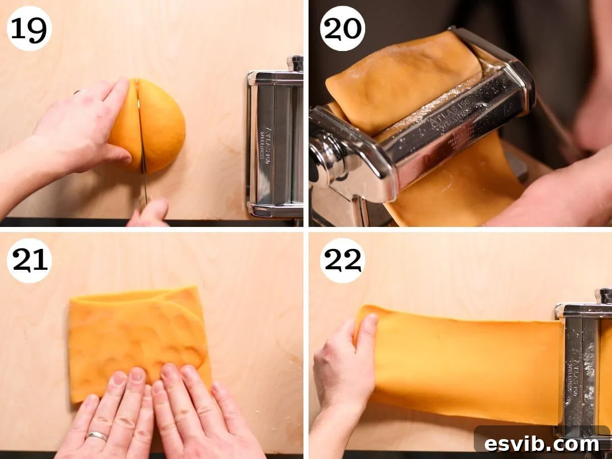 Lamb Ragù Lasagna with Pecorino Bechamel 10 A four-photo collage demonstrating how to roll out homemade pasta dough using a pasta machine, showing the initial flattening and folding steps.