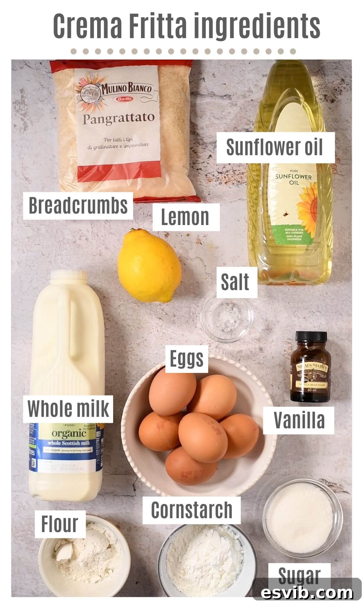 An overhead shot showcasing all the fresh, high-quality ingredients meticulously laid out for making Crema Fritta (deep-fried custard), including milk, eggs, flour, sugar, vanilla, and lemon.