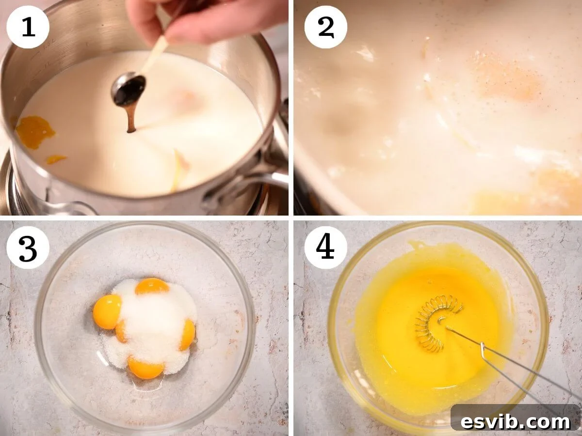 A four-photo collage illustrating the initial steps of Crema Fritta preparation: heating milk with lemon zest and vanilla, and whisking egg yolks with sugar and flour.