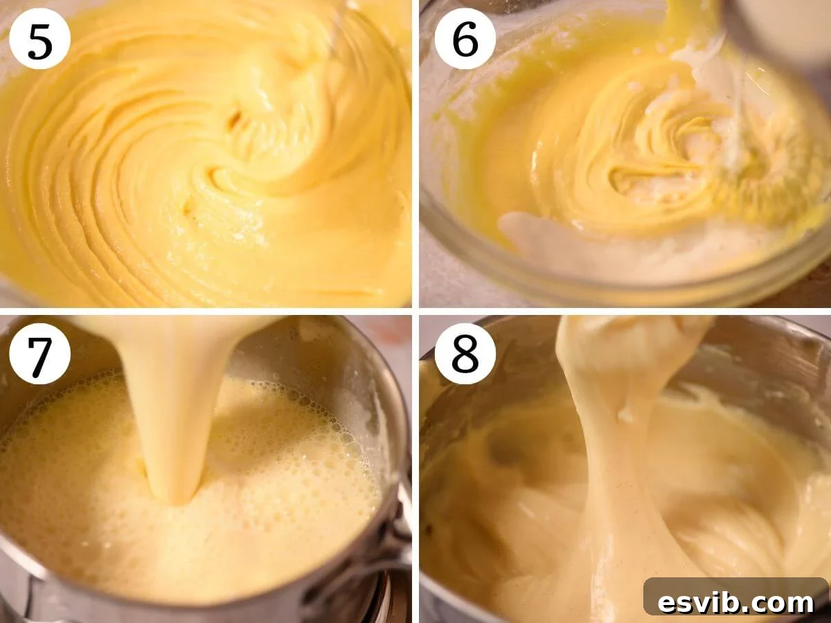 A four-photo collage detailing the process of cooking the custard for Crema Fritta until it becomes thick and smooth, showing the transformation of the mixture.