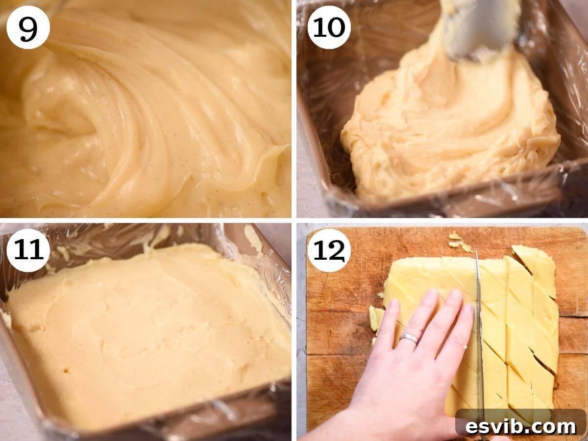 A four-photo collage demonstrating how to pour the thickened custard into a lined dish, smooth its surface, and then cut the set custard into diamond or square shapes.
