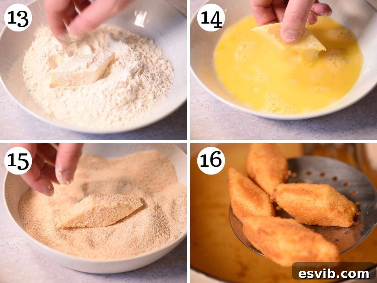 A four-photo collage demonstrating the breading and deep-frying process for Crema Fritta, showing custard pieces coated in flour, egg, and breadcrumbs, and then frying until golden.