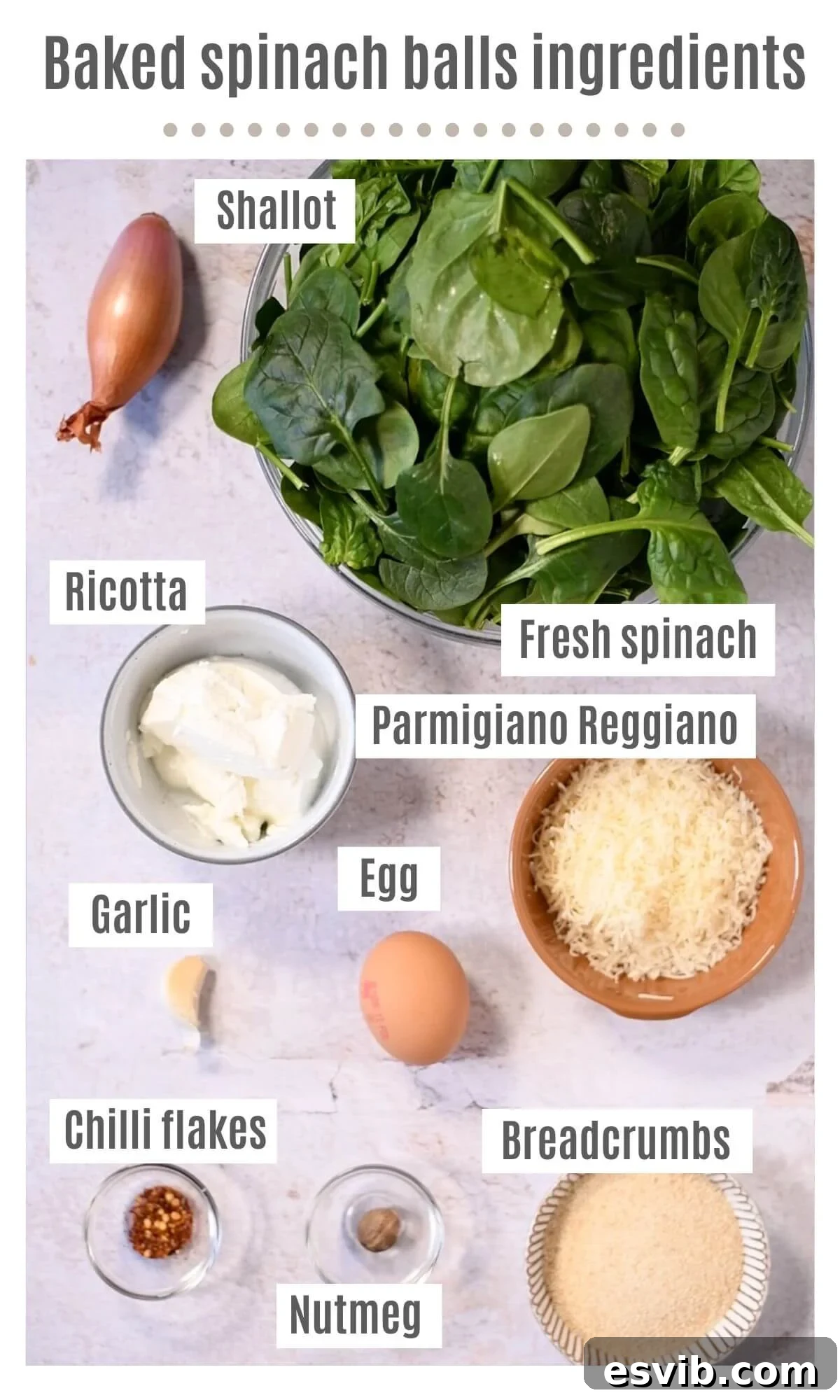 An overhead shot showcasing all the fresh and vibrant ingredients neatly laid out on a wooden surface, ready to be transformed into baked spinach balls.