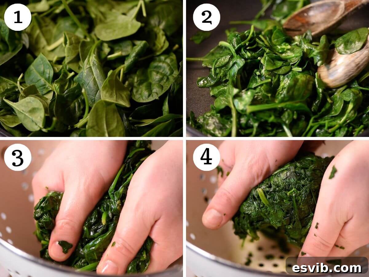 A four-photo collage demonstrating the process of wilting fresh spinach in a pan and then meticulously draining excess liquid using a colander.