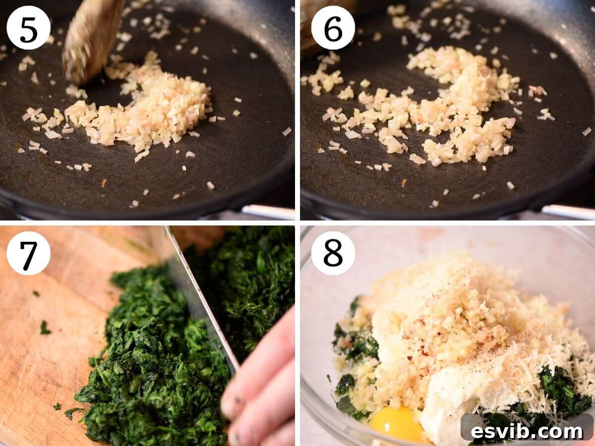 A four-photo collage showing the process of sautéing shallot and garlic, then finely chopping the drained spinach, and finally combining all ingredients to create the spinach ball filling.