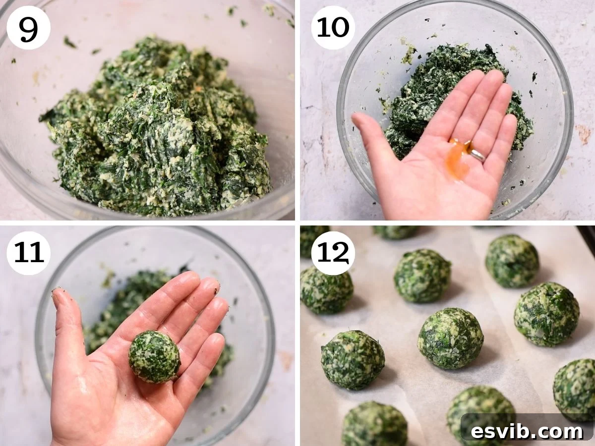 A four-photo collage demonstrating the technique of shaping the spinach mixture into uniform balls by hand.