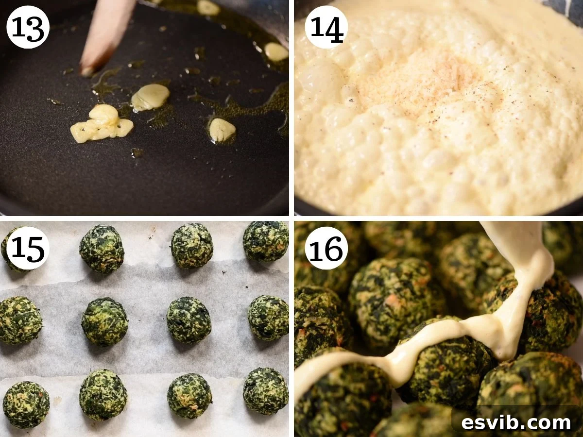A four-photo collage showcasing the simple steps to create a rich and creamy Parmigiano sauce, perfect for drizzling over spinach balls.