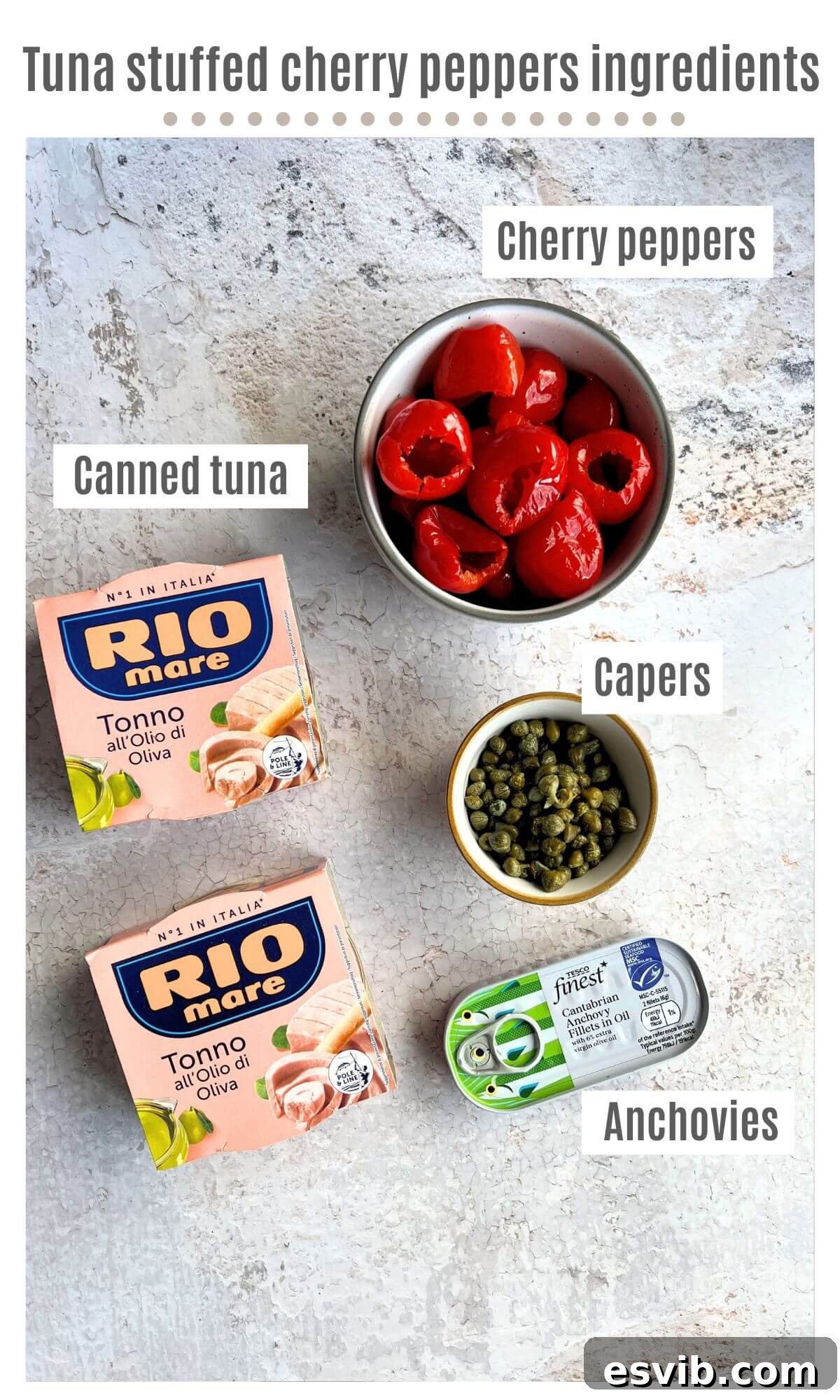 An overhead shot showcasing all the fresh ingredients needed for preparing tuna stuffed cherry peppers.