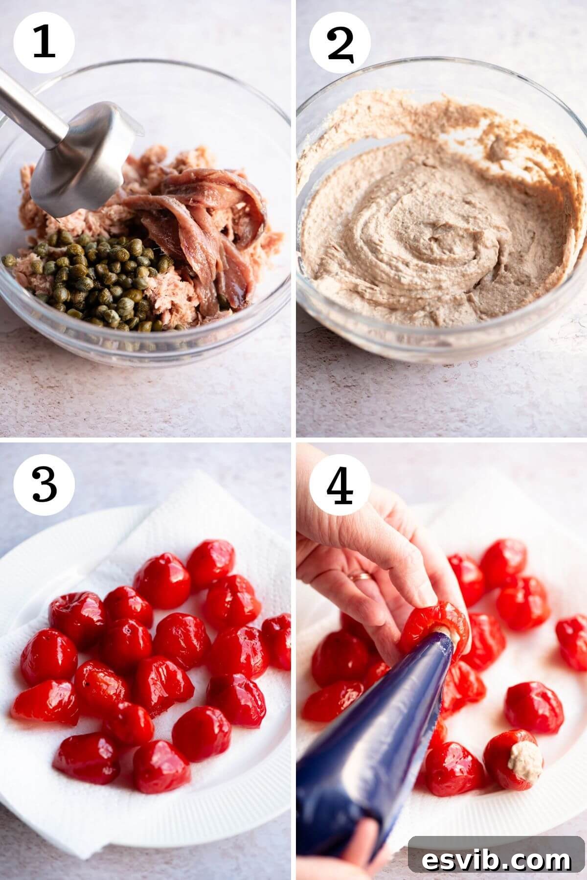 A four-photo collage demonstrating the process of stuffing cherry peppers with a creamy tuna mixture.
