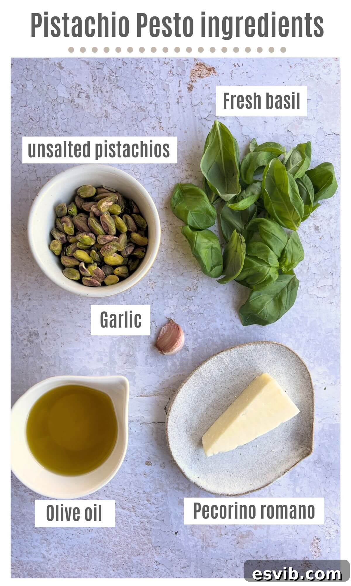 An overhead shot of all the ingredients needed to make pistachio pesto: pistachios, basil, garlic, pecorino, and olive oil.
