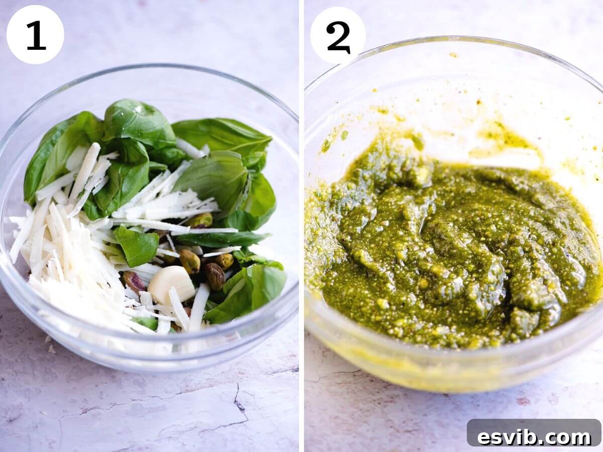 Two photos in a collage showing how to make pistachio pesto with an immersion blender: ingredients combined and then blended to a pesto consistency.
