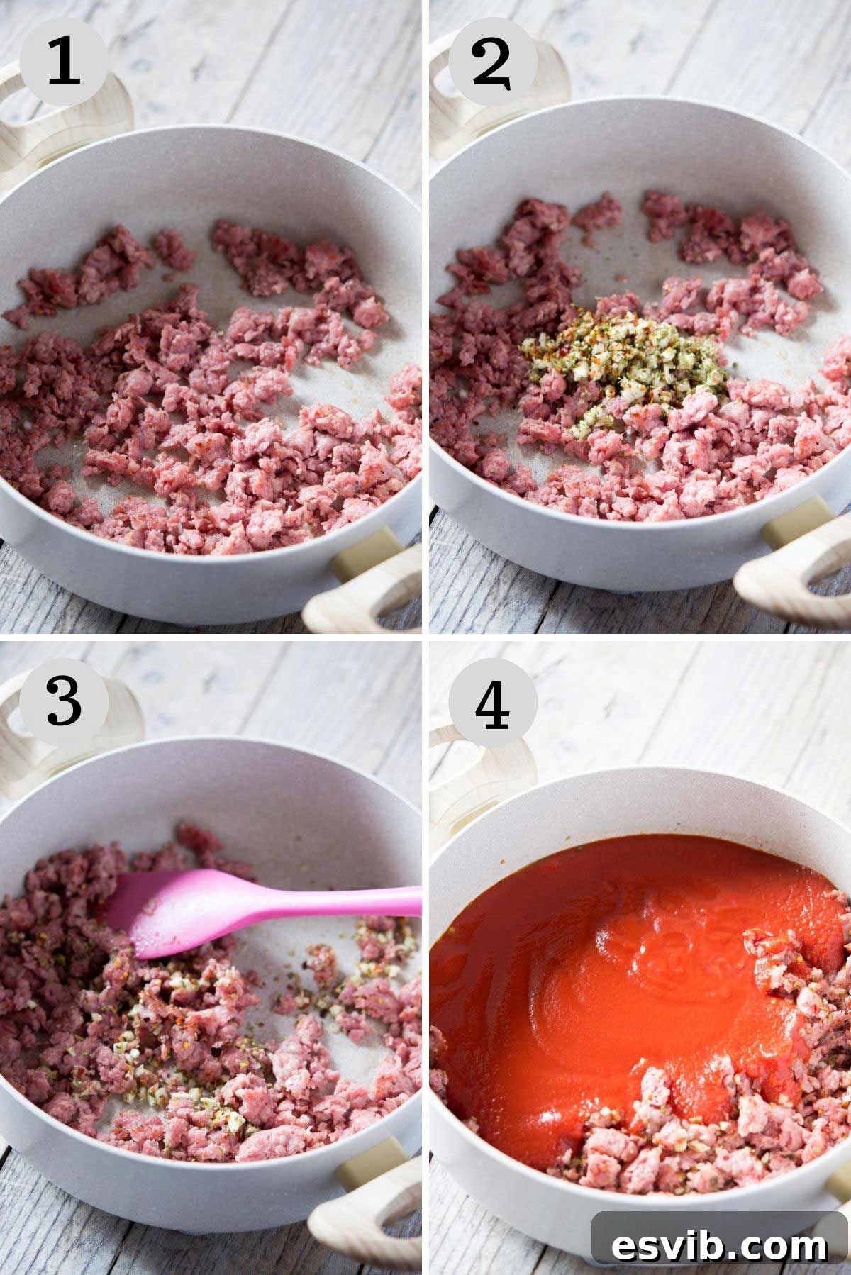 Step by step photos for making a sausage pasta bake Step-by-step photos illustrating how to prepare the flavorful sausage and tomato sauce for the pasta bake.