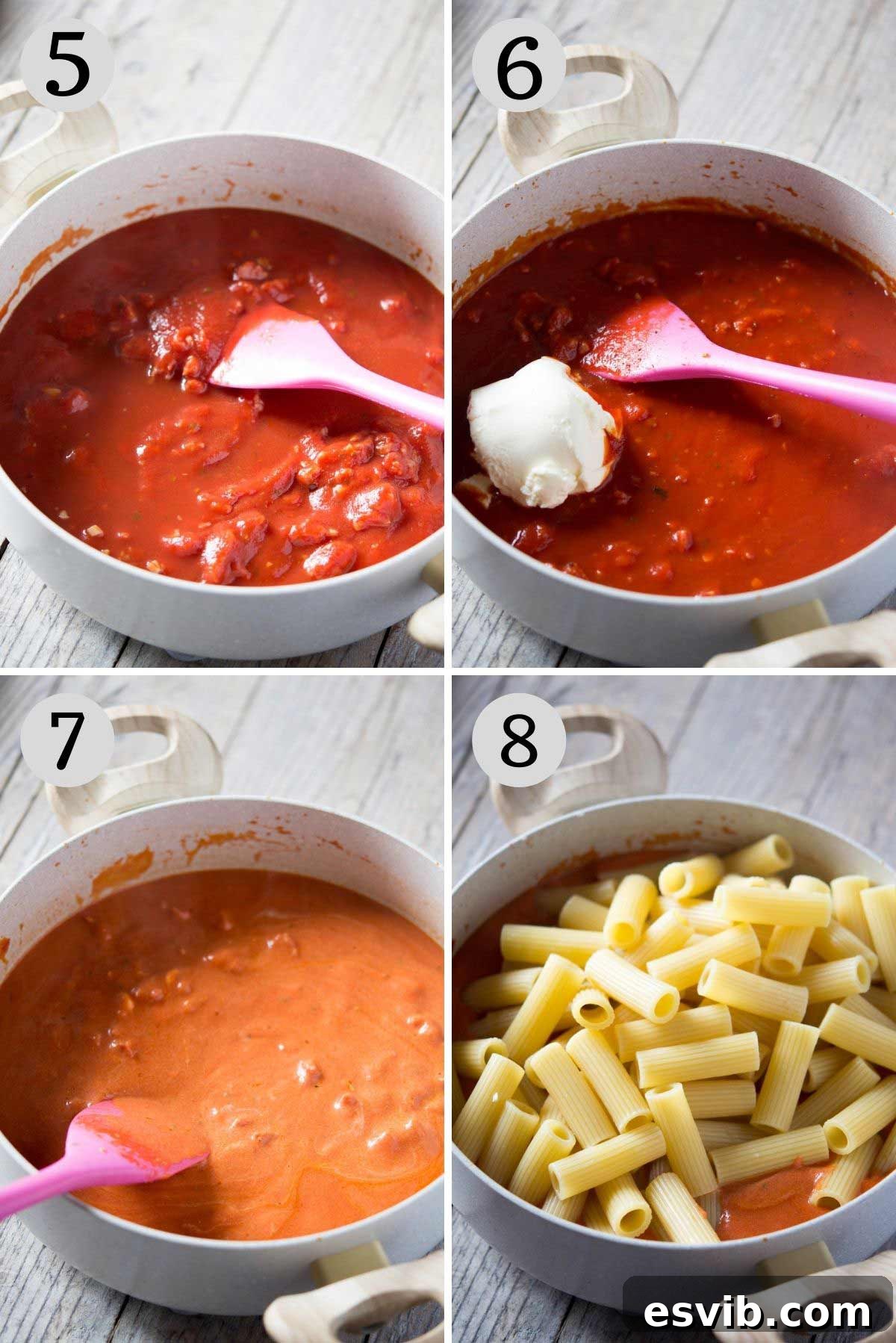 Fiery Cream Sausage Pasta Bake 2 Step-by-step photos demonstrating how to combine the pasta with the creamy sausage and tomato sauce.