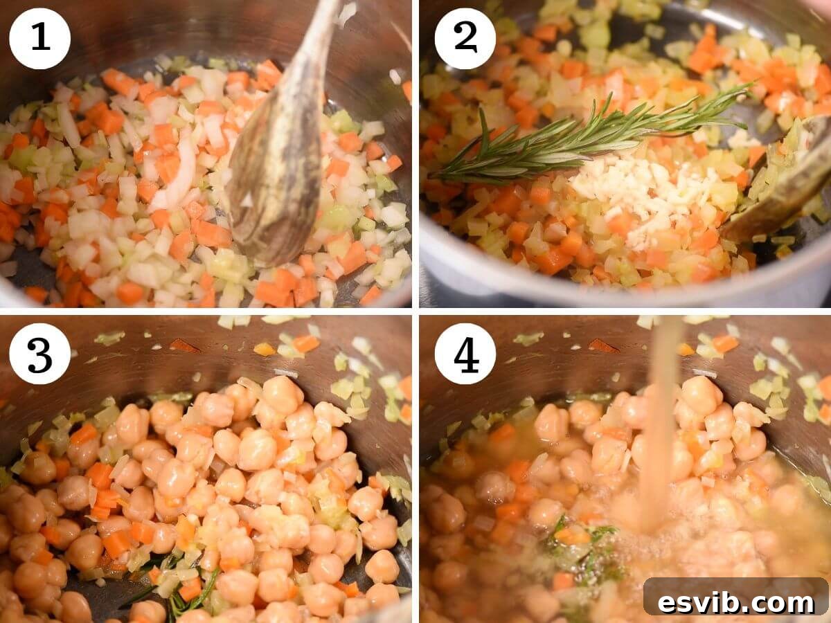 A four-photo collage illustrating the initial steps of making Pasta e Ceci: preparing the soffritto by sautéing finely chopped vegetables, followed by adding chickpeas and chicken stock to the pot.