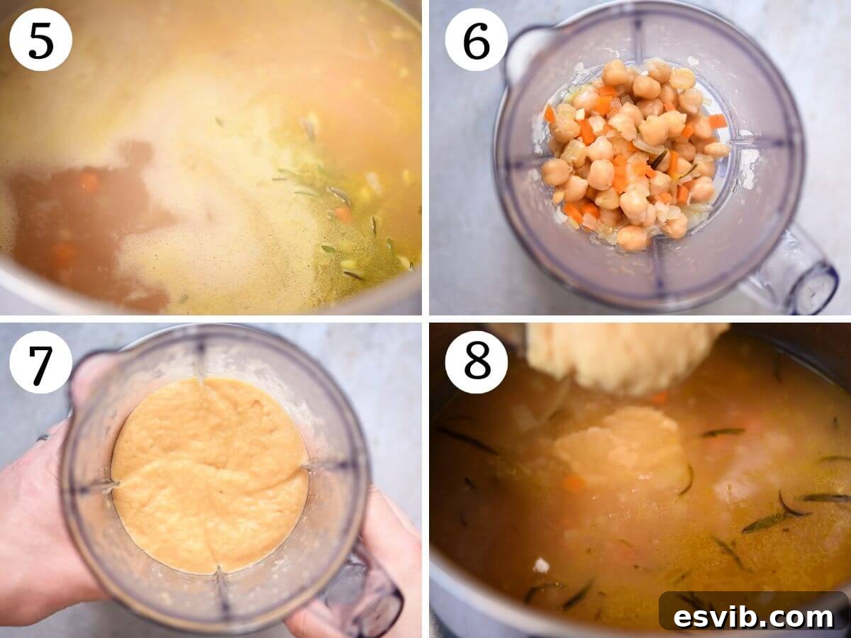 A four-photo collage demonstrating how to achieve a creamy texture in Pasta e Ceci soup by removing a portion of chickpeas, blending them into a smooth puree, and then stirring the puree back into the soup.