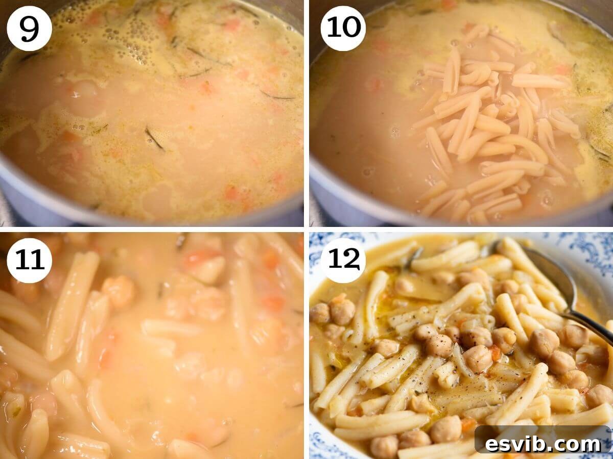 A four-photo collage showing the final stages of preparing Pasta e Ceci: adding short pasta to the simmering soup and serving it hot in bowls, finished with a drizzle of olive oil and black pepper.