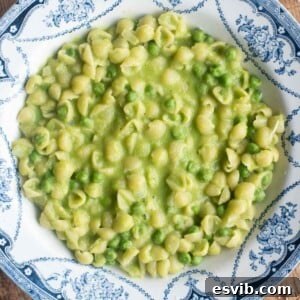 A cropped overhead shot of pasta and peas in a blue patterned bowl, showing the delicious final dish.