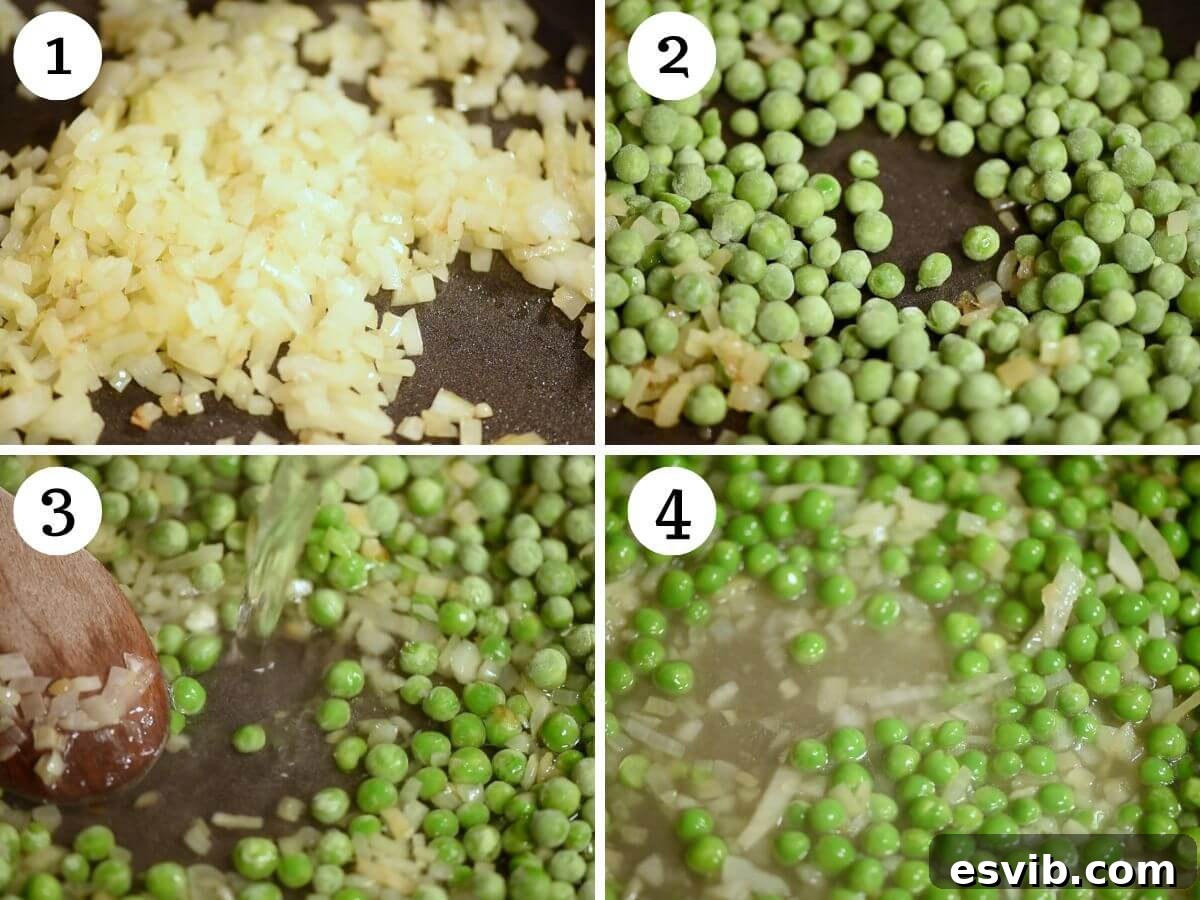 Spring Pea Pasta 4 A four-photo collage illustrating the initial steps of preparing Pasta e Piselli: sautéing onions until translucent and then simmering peas in a pan.