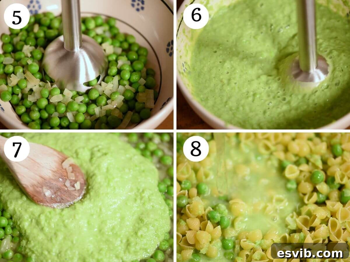 Spring Pea Pasta 5 A four-photo collage demonstrating how to partially blend peas into a smooth puree and incorporate it back into the pan with pasta.