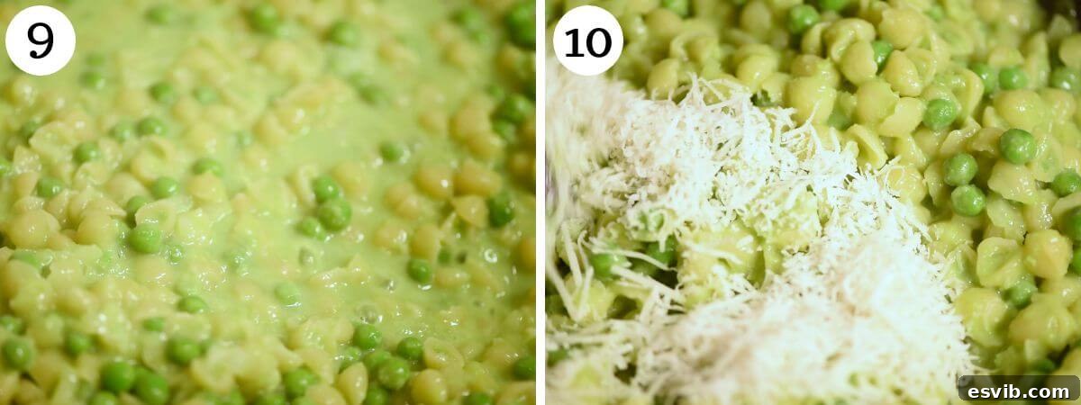 Spring Pea Pasta 6 A two-photo collage showcasing the finished result of creamy Pasta e Piselli, ready to be served in a bowl.