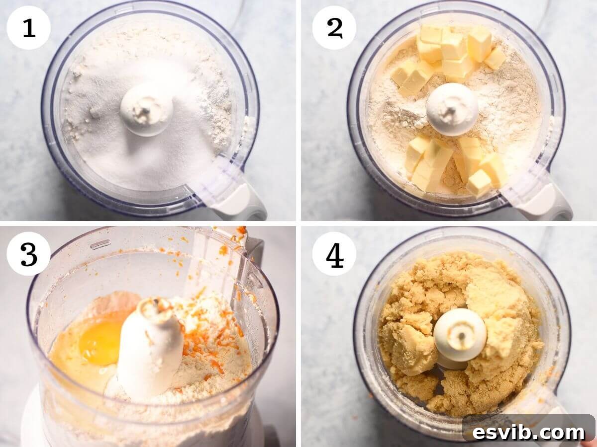A four-photo collage illustrating the step-by-step process of preparing sweet shortcrust pastry in a food processor, showing dry ingredients, butter addition, and crumbly mixture stages.