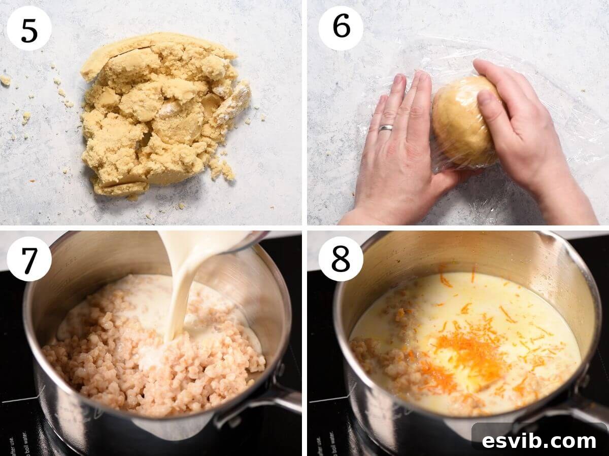 A four-photo collage depicting the final stages of pastry making and the start of the Grano Cotto mixture: bringing pastry together, shaping a disc, and combining cooked wheat berries with other ingredients in a saucepan.