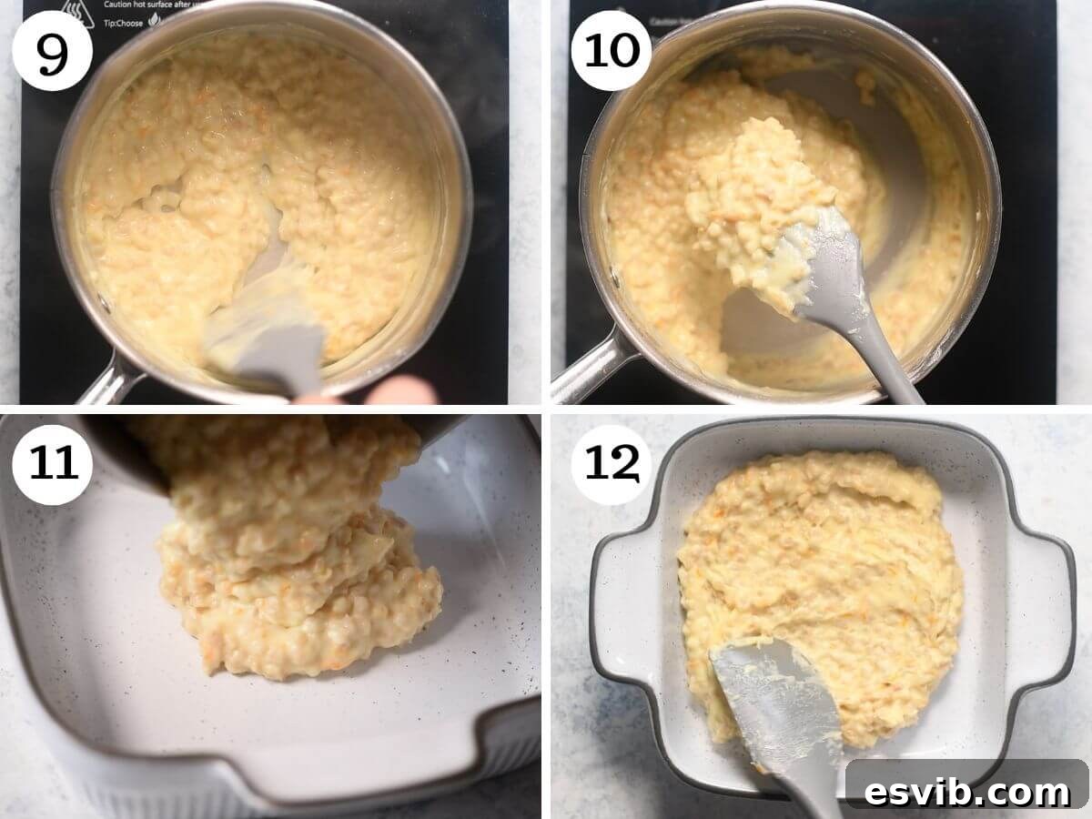 A four-photo collage demonstrating the preparation of the cooked wheat berry mixture for an Italian Pastiera Napoletana, showing the ingredients simmering and thickening in a saucepan.