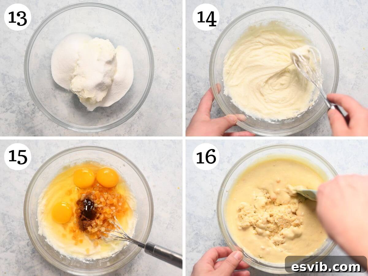 A four-photo collage illustrating the process of making the creamy ricotta filling for Pastiera Napoletana, showing ricotta and sugar being whisked, then other ingredients added.