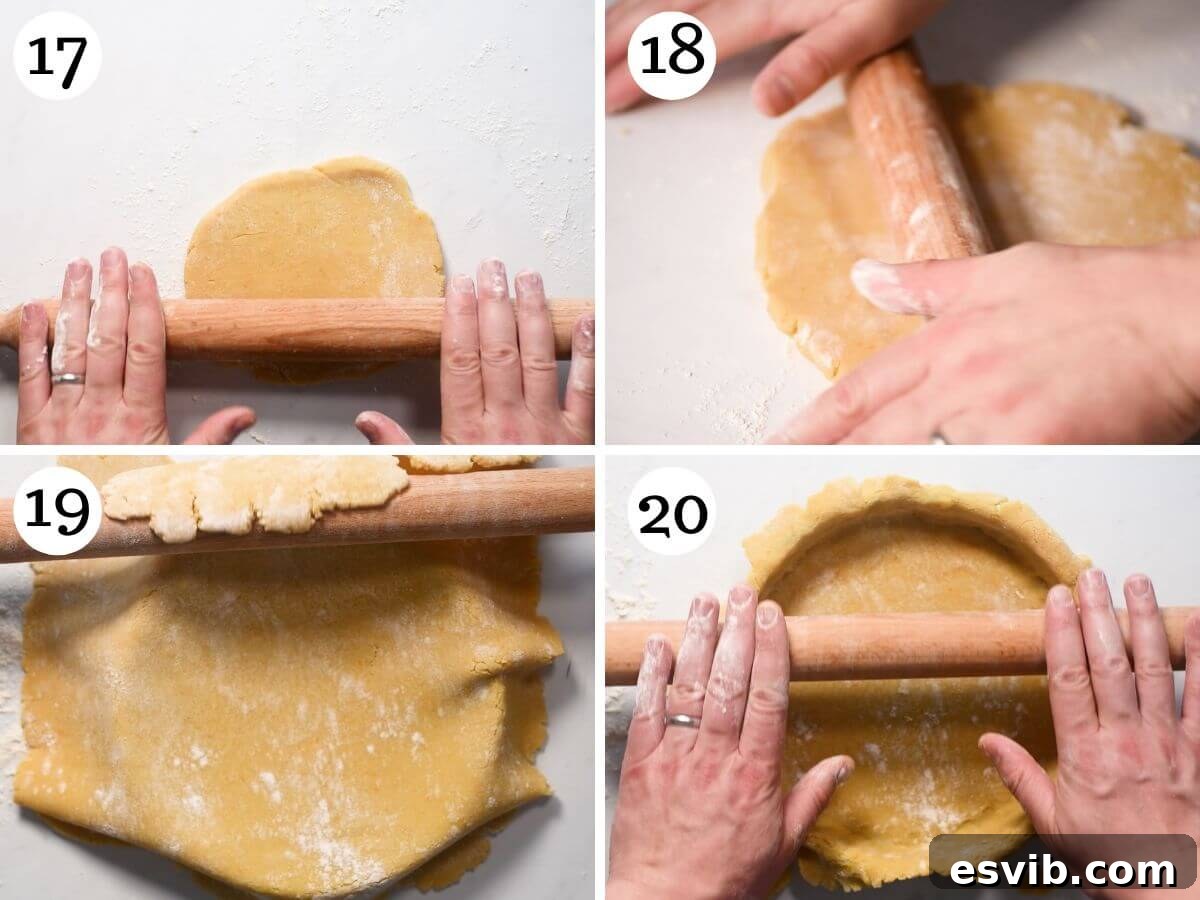 A four-photo collage demonstrating the process of rolling out Pasta Frolla (sweet shortcrust pastry) for Pastiera Napoletana, showing dusting, rolling, and achieving desired thickness.