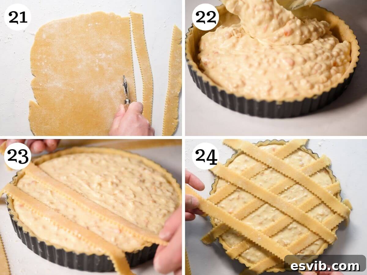 A four-photo collage showing the assembly of Pastiera Napoletana: lining the tart tin with pastry, pouring in the filling, and arranging the pastry lattice on top before baking.