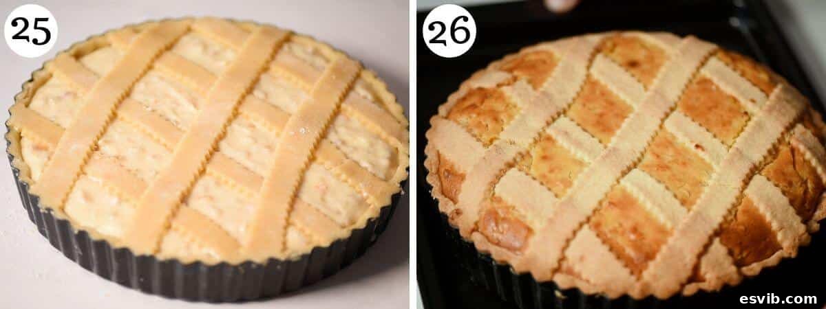 A two-photo collage contrasting Pastiera Napoletana before and after baking, highlighting the transformation from raw dough and filling to a golden, finished pie.