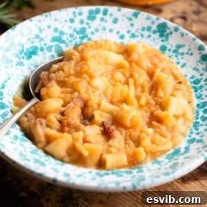 A cropped image of Pasta e Patate in a blue speckled bowl, ready to serve.