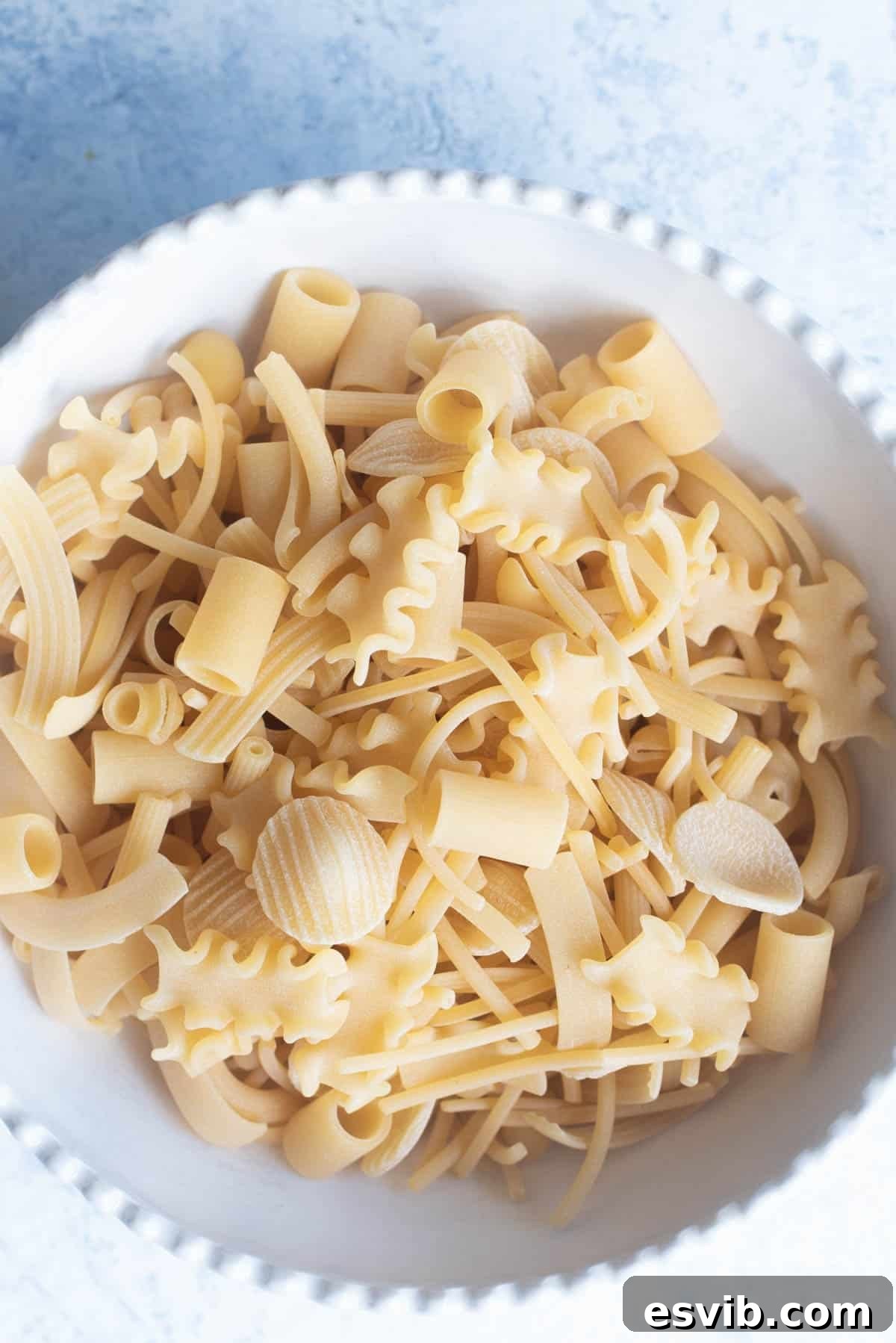 Rustic Pasta and Potatoes 4 A close up of pasta mista (mixed pasta) in a rustic bowl, showing the variety of shapes.