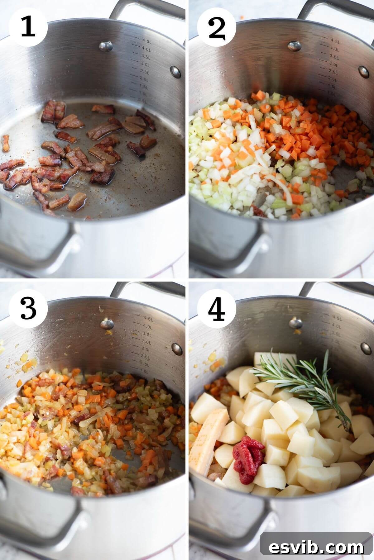 Rustic Pasta and Potatoes 5 Four photos in a collage showing how to saute guanciale and vegetables, from raw to perfectly rendered and softened.