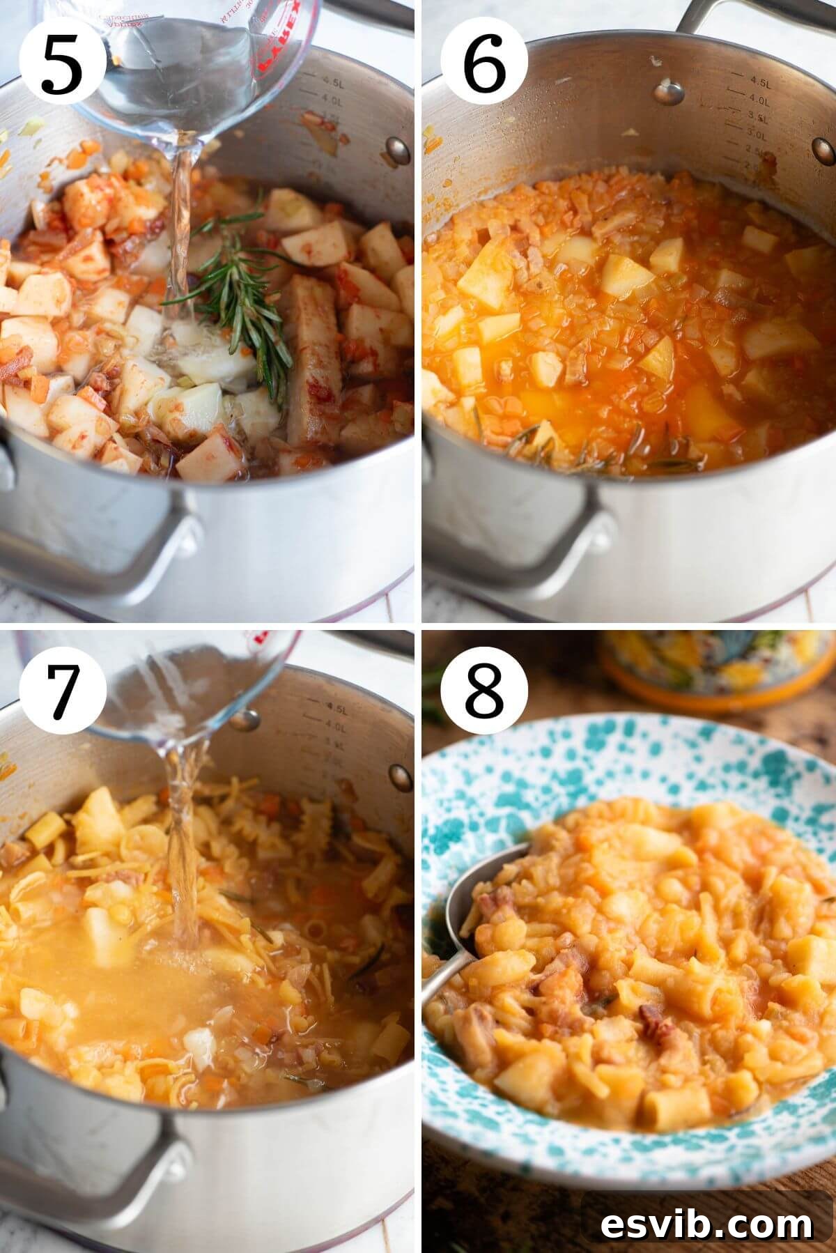 Rustic Pasta and Potatoes 6 Four photos in a collage showing the process of making Pasta e Patate, from adding potatoes to simmering.