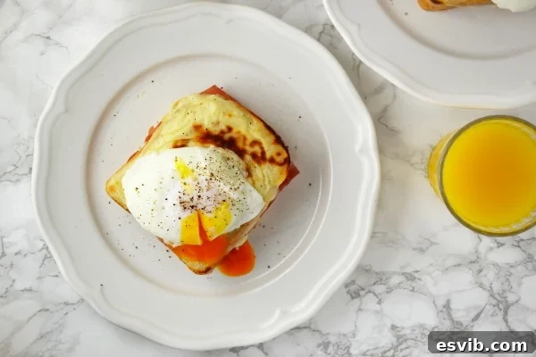 Close-up of Croque Madame with golden béchamel and a runny poached egg, ready to be served.