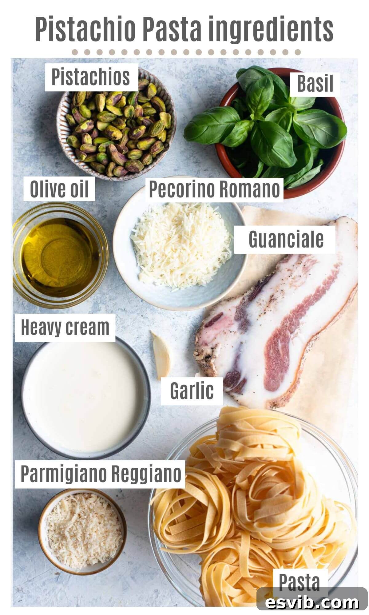 An overhead shot of all the ingredients you need to make a creamy pistachio pasta with guanciale.