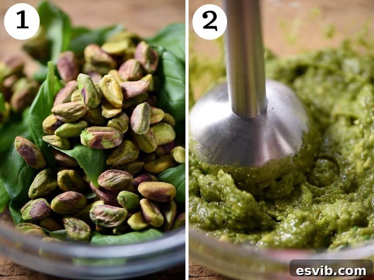Two photos in a collage showing how to blitz pistachio pesto in a bowl with an immersion blender.