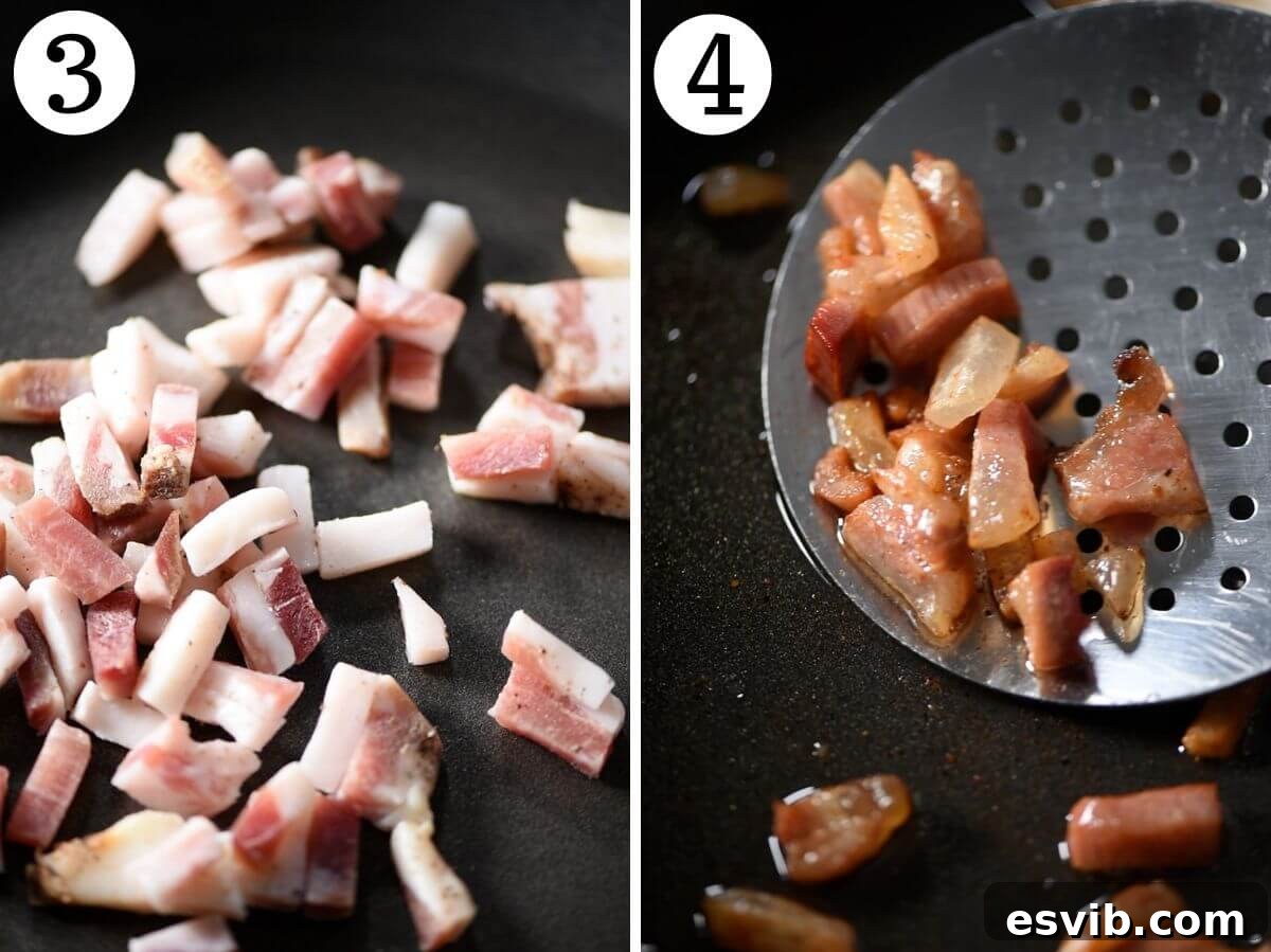 Two photos in a collage showing guanciale before and after frying.