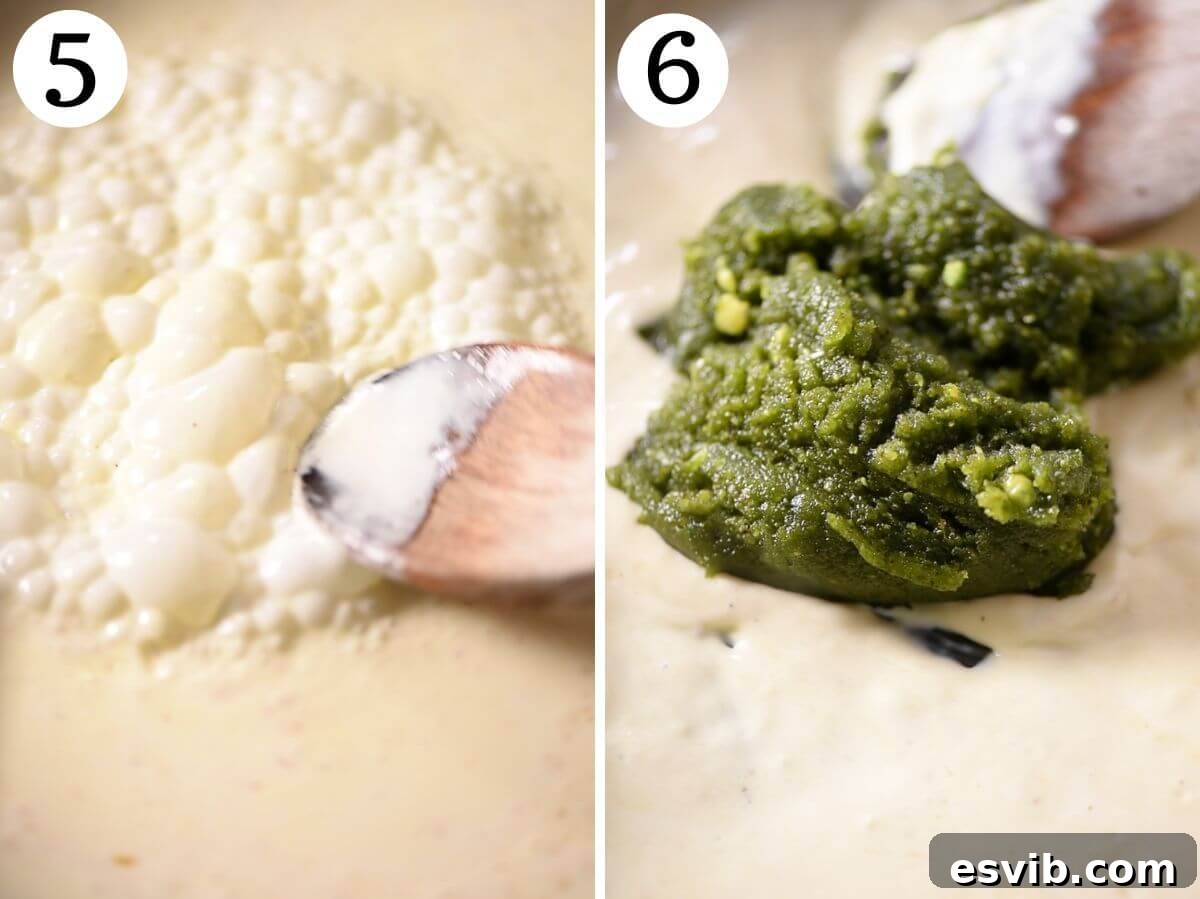 Two photos in a collage showing how to make a pistachio cream sauce.