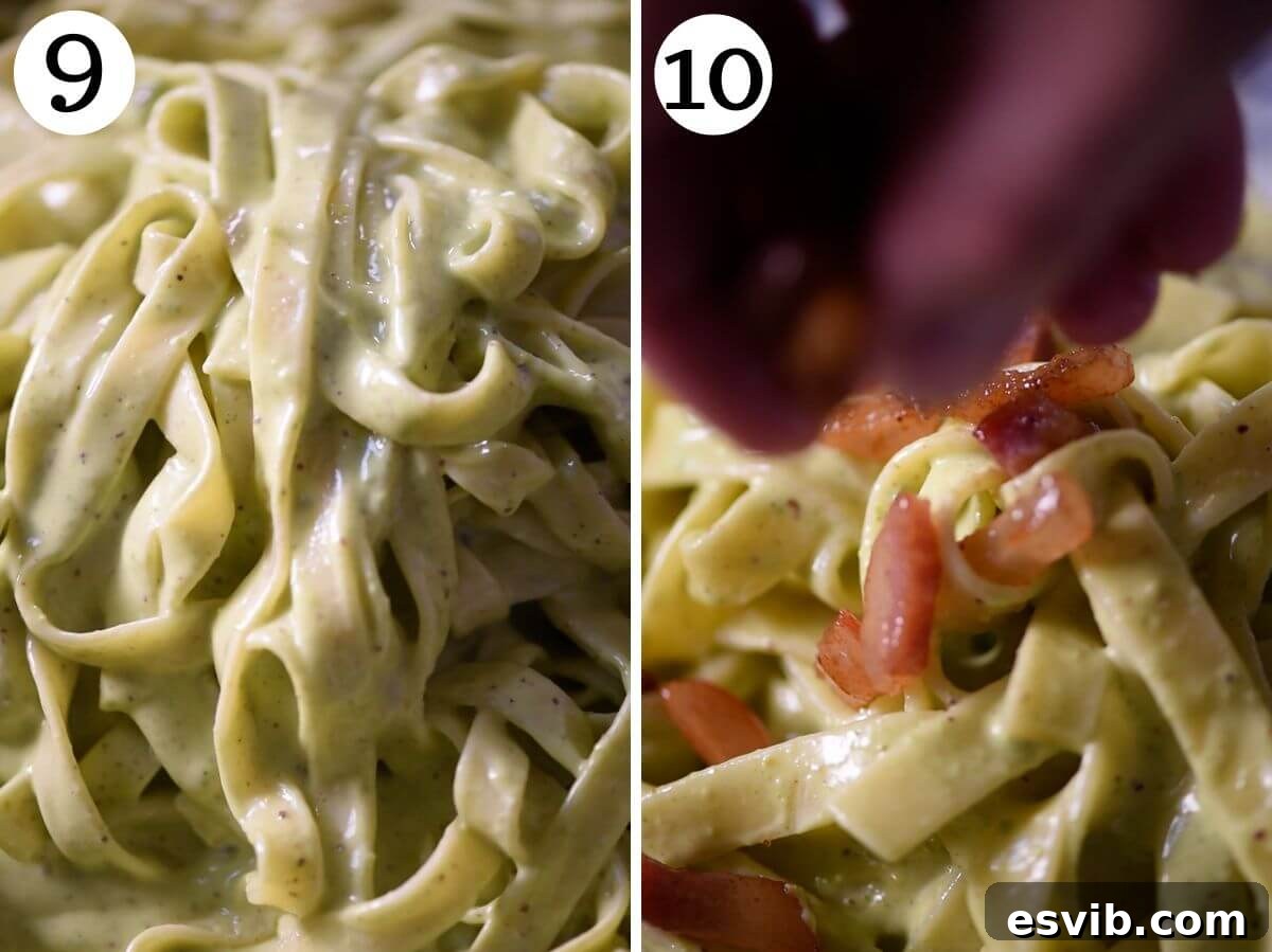 Two photos in a collage showing the pasta being adding to the sauce and topping with crispy guanciale.